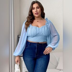 Elegant Blue Sheer Sleeve Women's Top